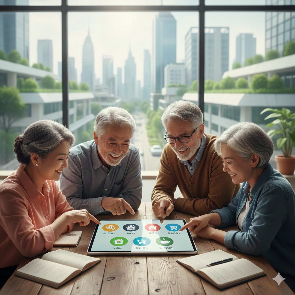 디지털 기기 학습과 건강 증진 활동이 활발하게 이루어지는 밝고 현대적인 시니어 교육/돌봄 센터 내부의 모습